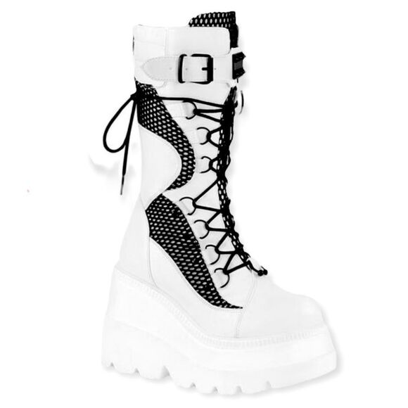 White Black Mesh D Rings Zipper Tall Platform Combat Boots NEW - Picture 3 of 4